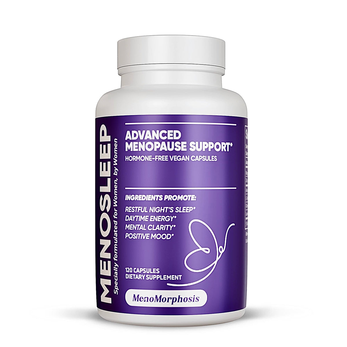 MenoSleep bottle front by MenoMorphosis promotes restful nights.