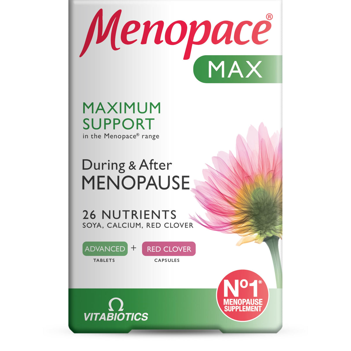 Menopace Max bottle front promotes menopause support messaging.