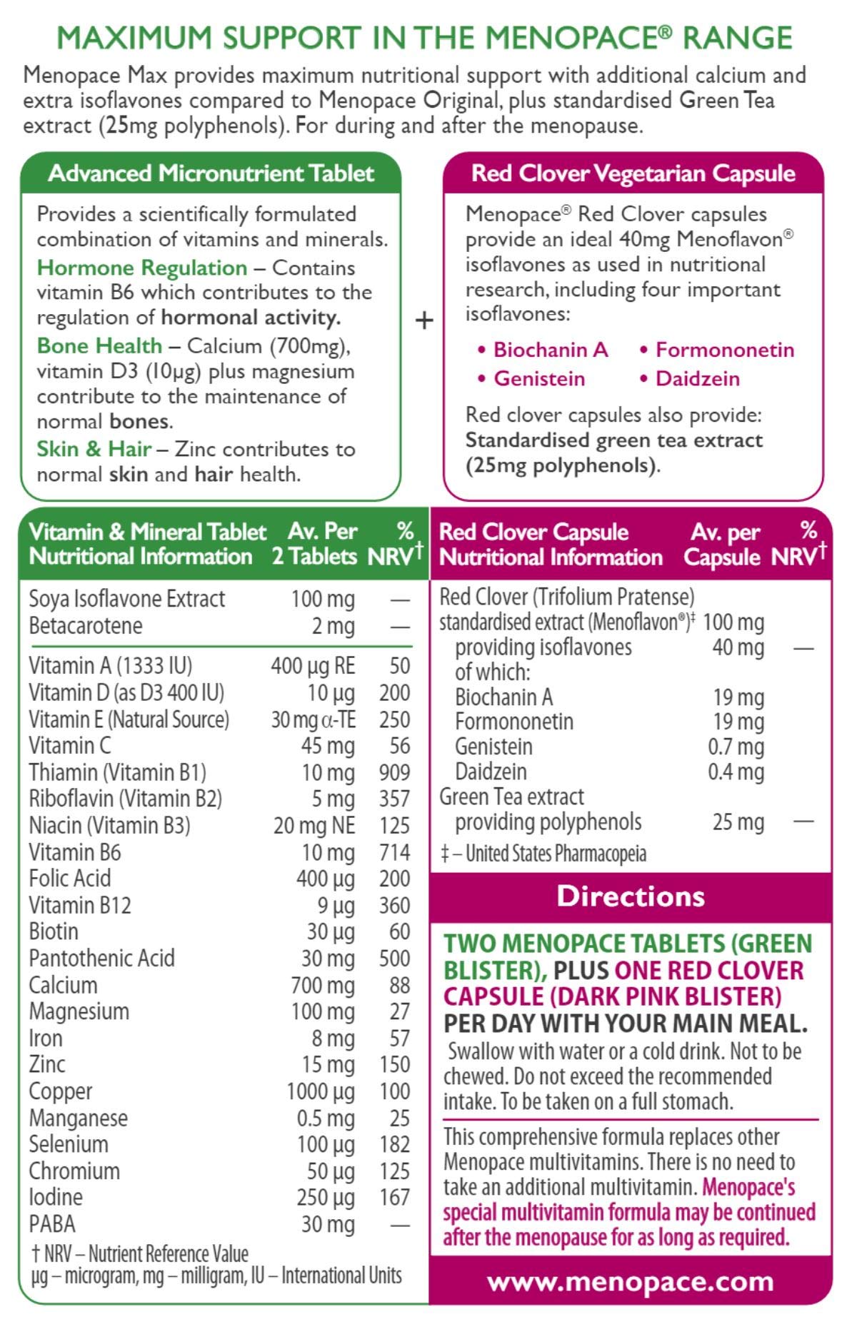 Menopace Max bottle side shows packaging and dosage guidance.
