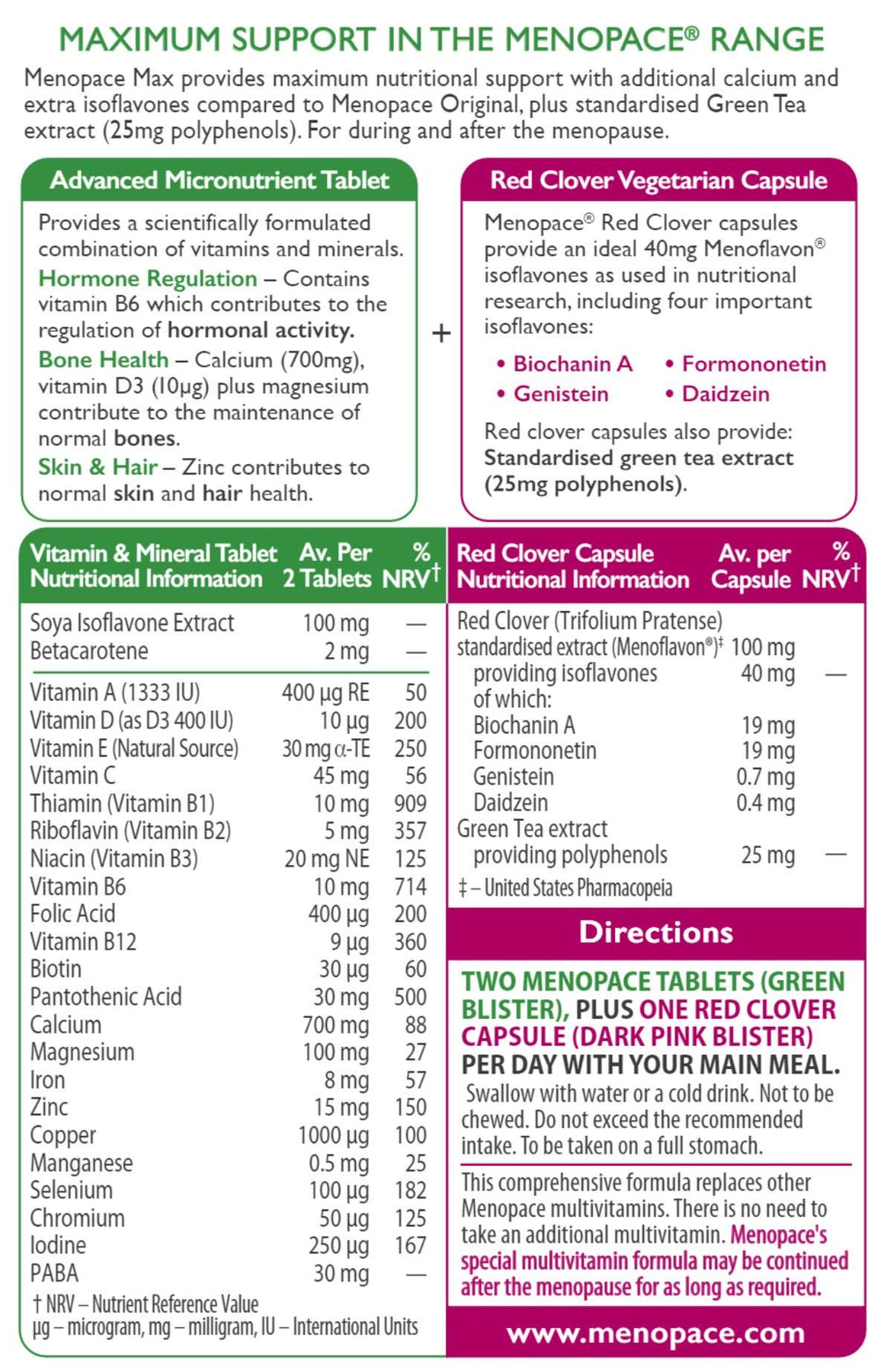 Menopace Max bottle side shows packaging and dosage guidance.