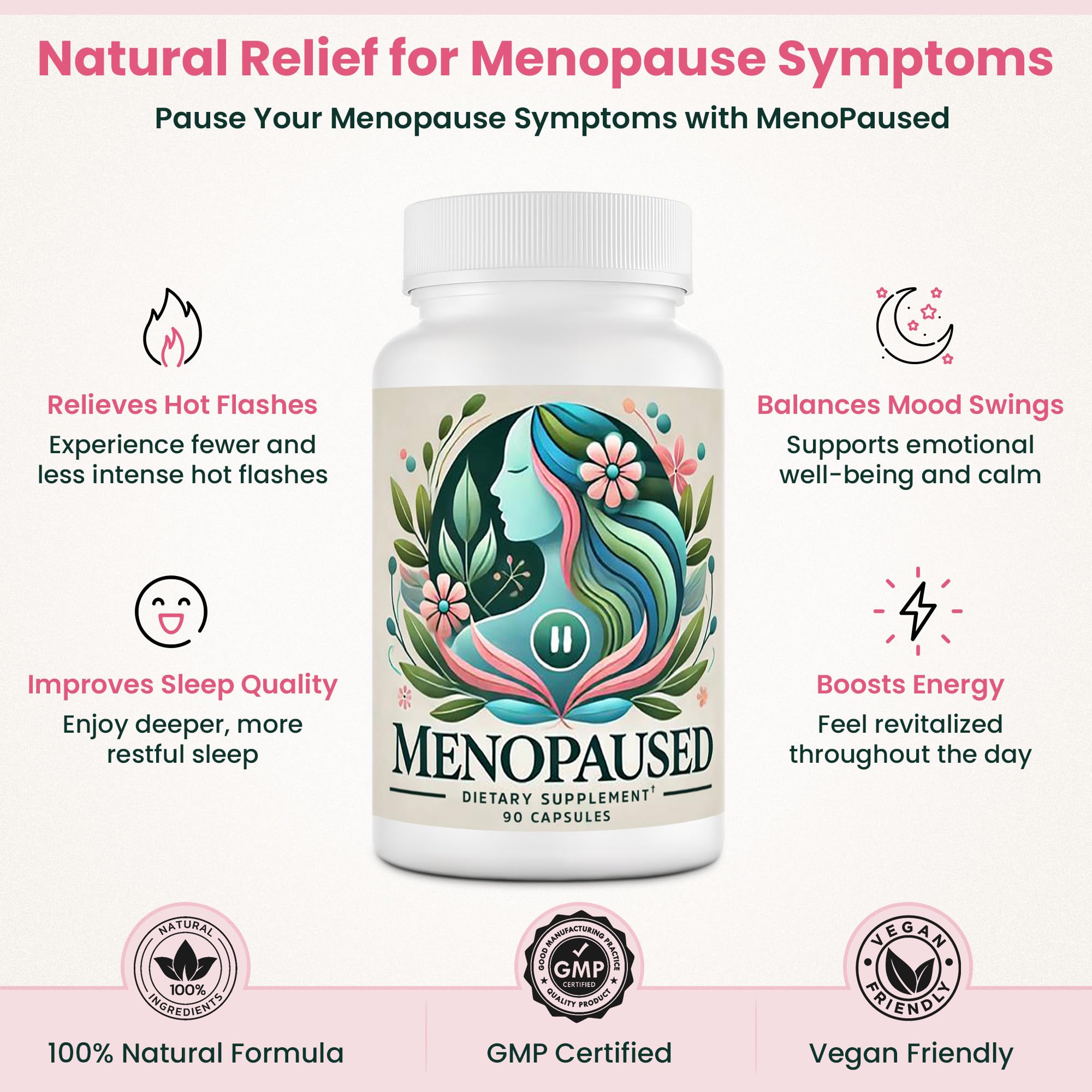 Menopaused mood-energy tabs close-up, suggesting steady daytime vitality.