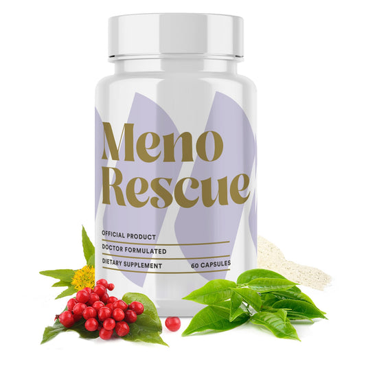 MenoRescue all-stage bottle front showing comprehensive menopause support.