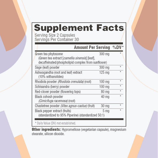 MenoRescue bottle label closeup highlighting natural ingredients for balance.