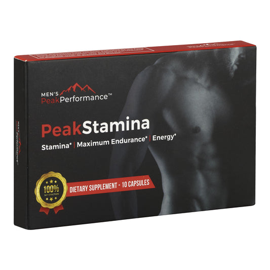MEN'S PeakPerformance PeakStamina bottle label suggesting convenient energy support during workouts.