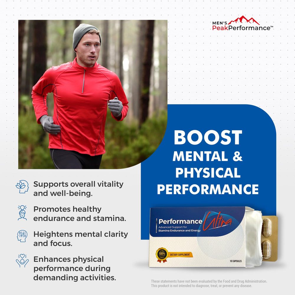 MEN'S PeakPerformance PerformanceUltra capsules closeup conveys convenient daily supplement routine