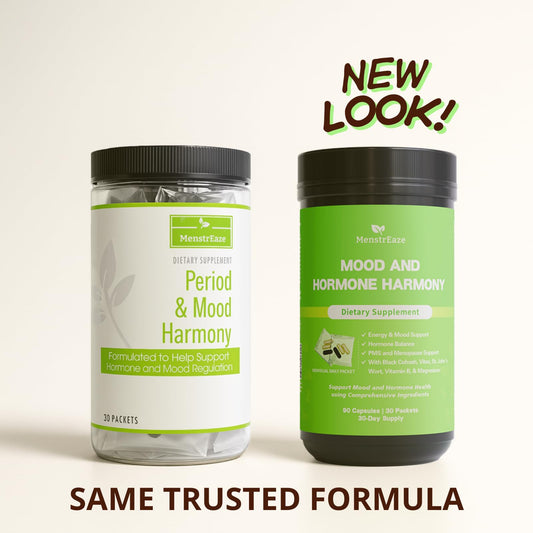 MenstrEaze hormone balance packet back view lists ingredients for gentle, guided daily use