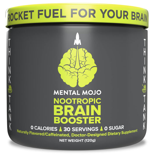 Mental Mojo bottle pour showing convenient zero‑calorie brain fuel for energy and focus