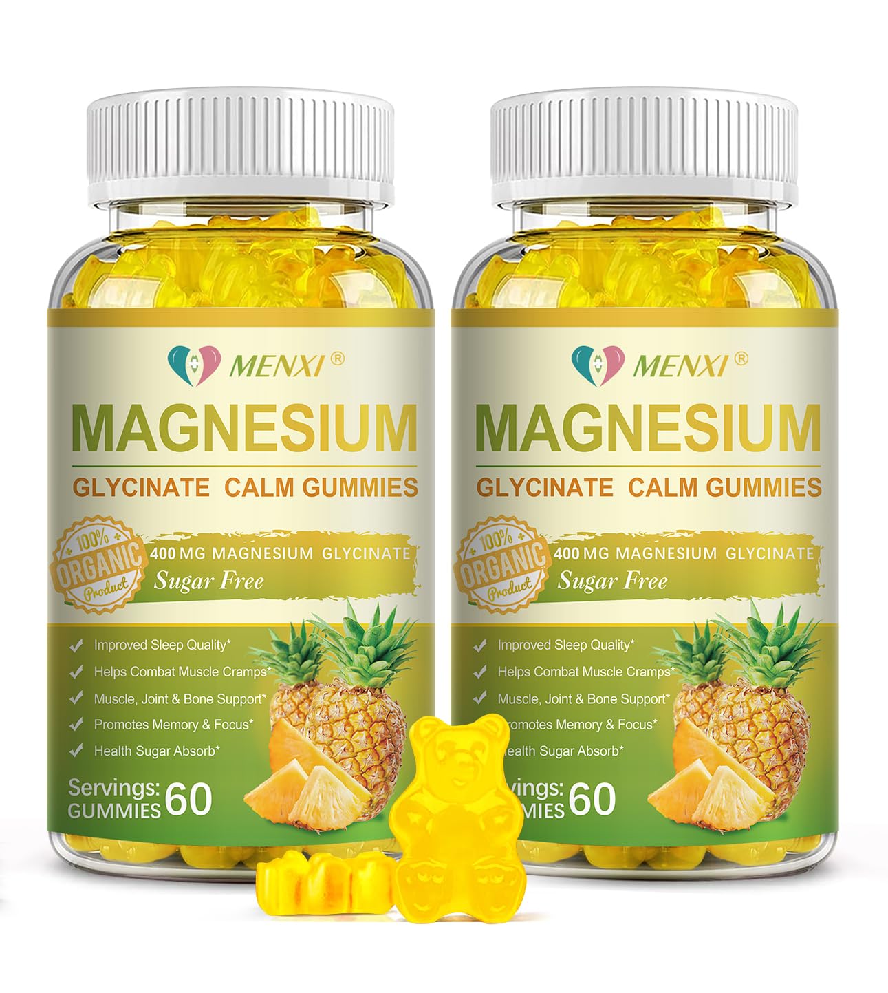 MENXI Magnesium Glycinate Gummies bottle highlights pineapple flavor for easy daily relaxation.