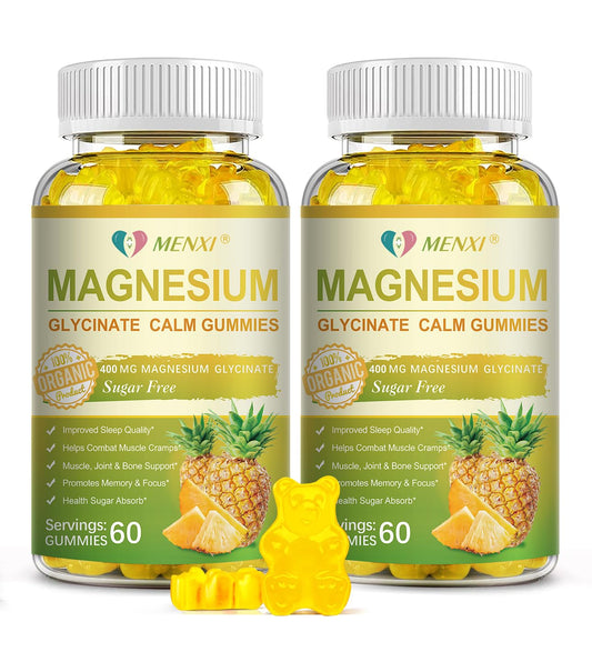 MENXI Magnesium Glycinate Gummies bottle highlights pineapple flavor for easy daily relaxation.