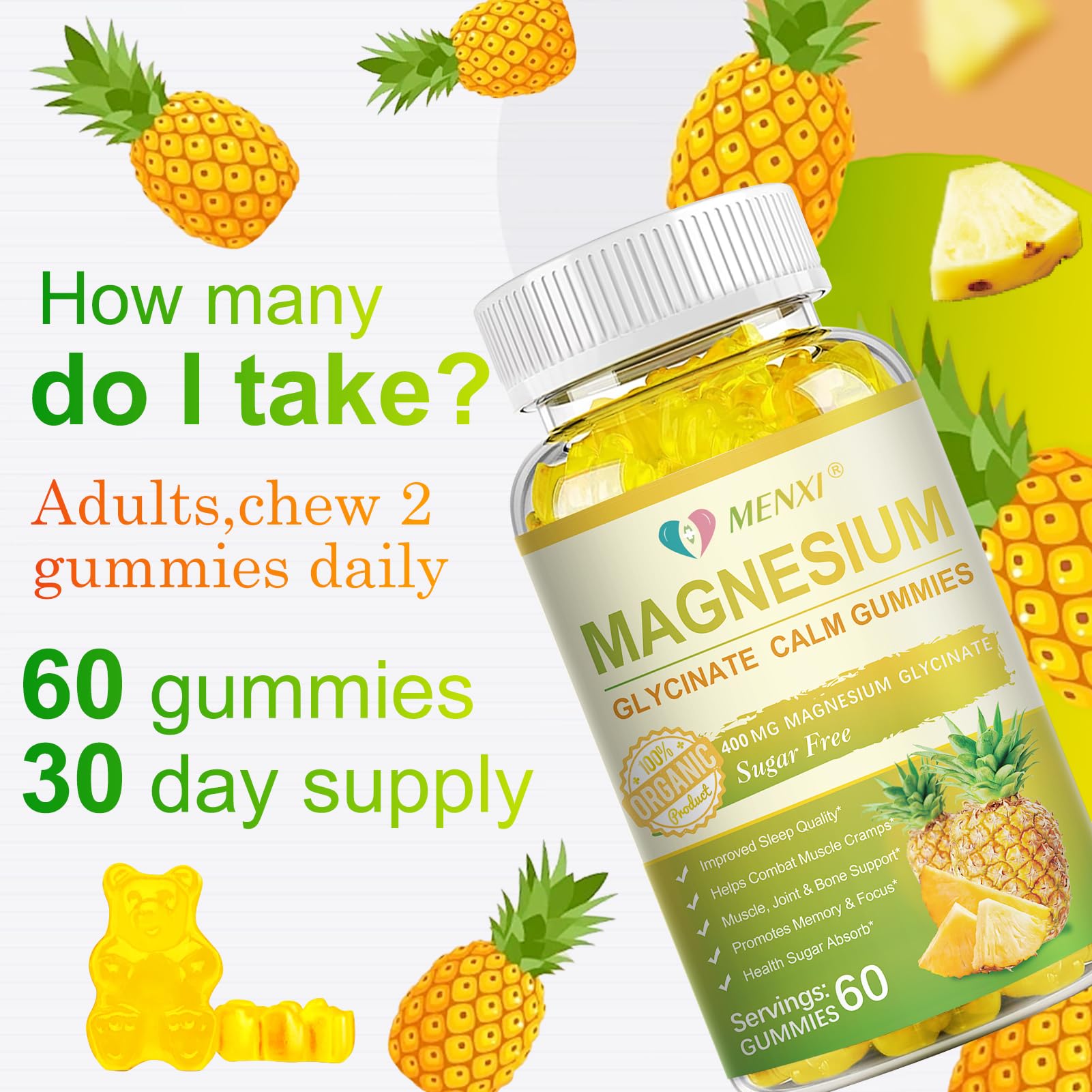MENXI Magnesium Glycinate Gummies ingredients panel lists essential minerals and vitamins.