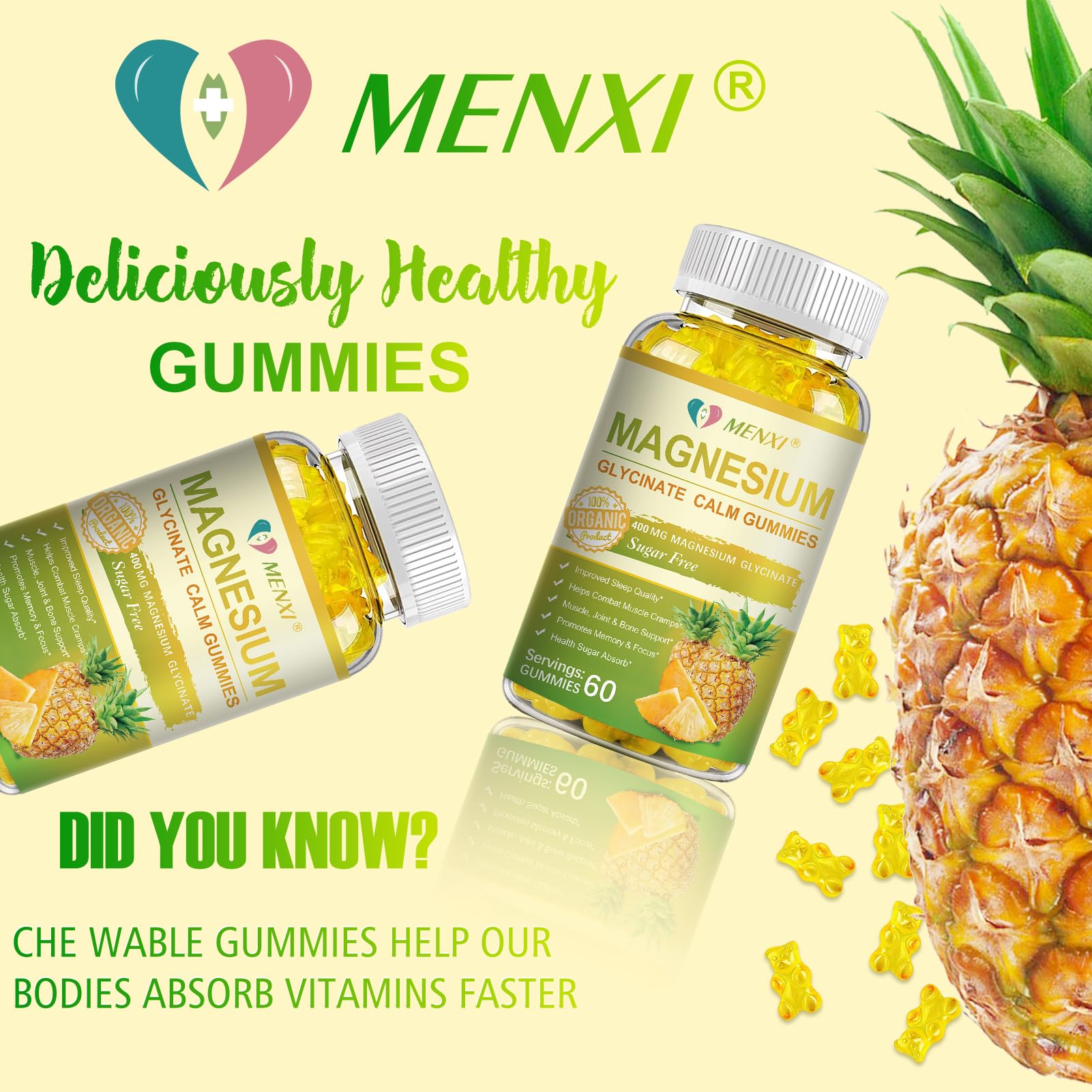 MENXI Magnesium Glycinate Gummies sugar-free badge promotes guilt-free snacking.