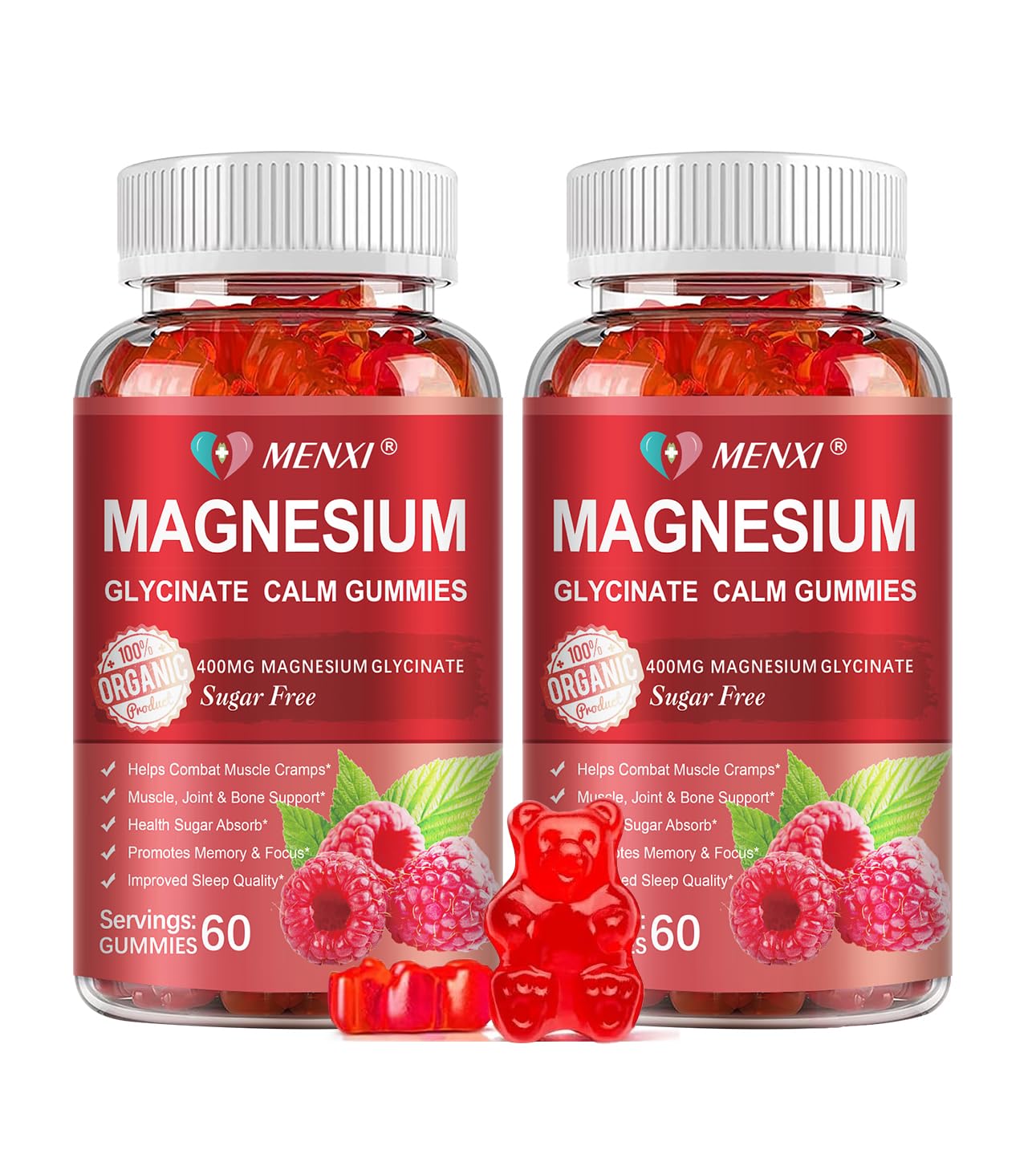 MENXI Magnesium Gummies Raspberry bottle for daily calm mood.