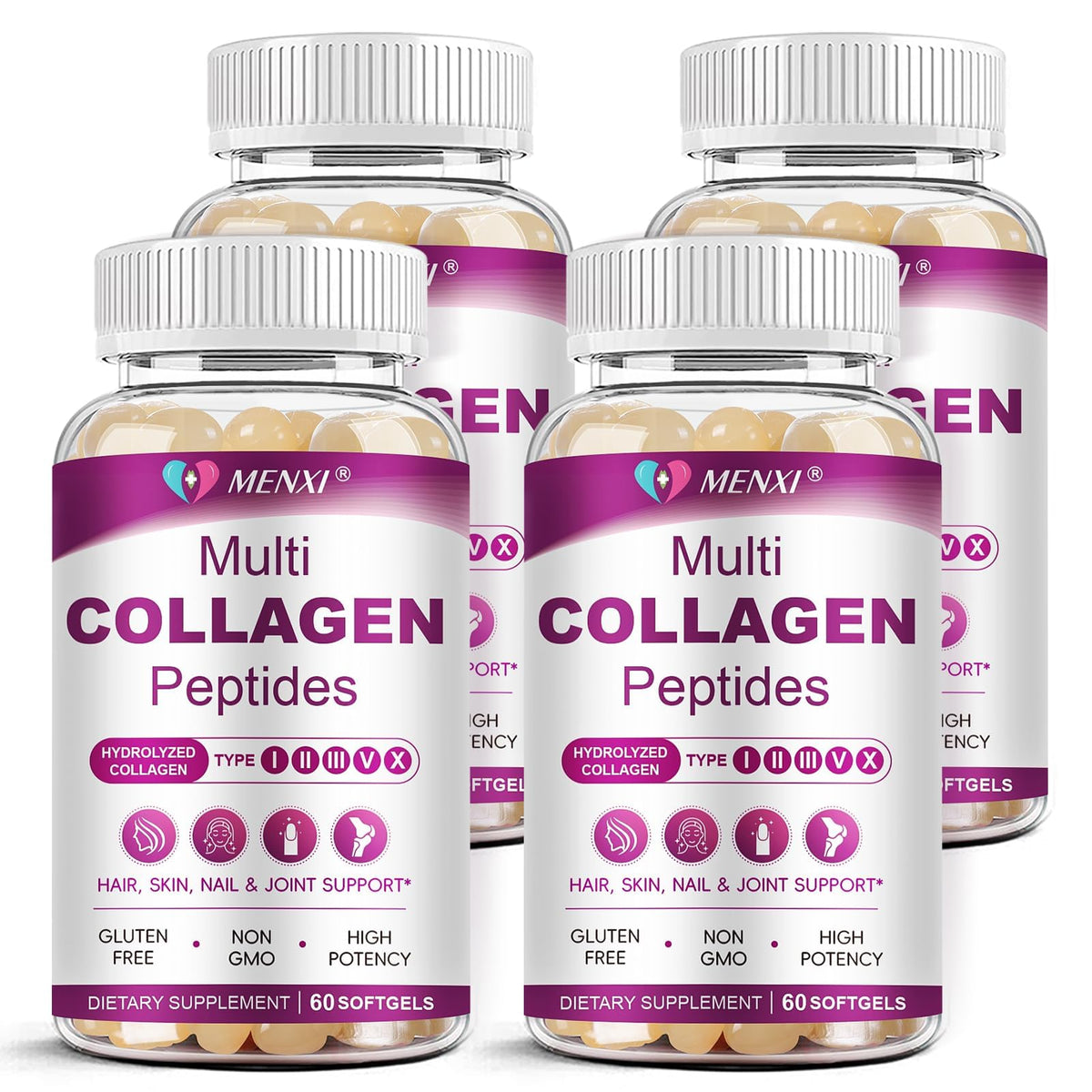 MENXI Multi Collagen Softgel bottle close-up for easy daily skin and joint support.