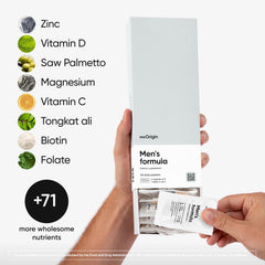 meOrigin label close-up shows 79 nutrients and key ingredients