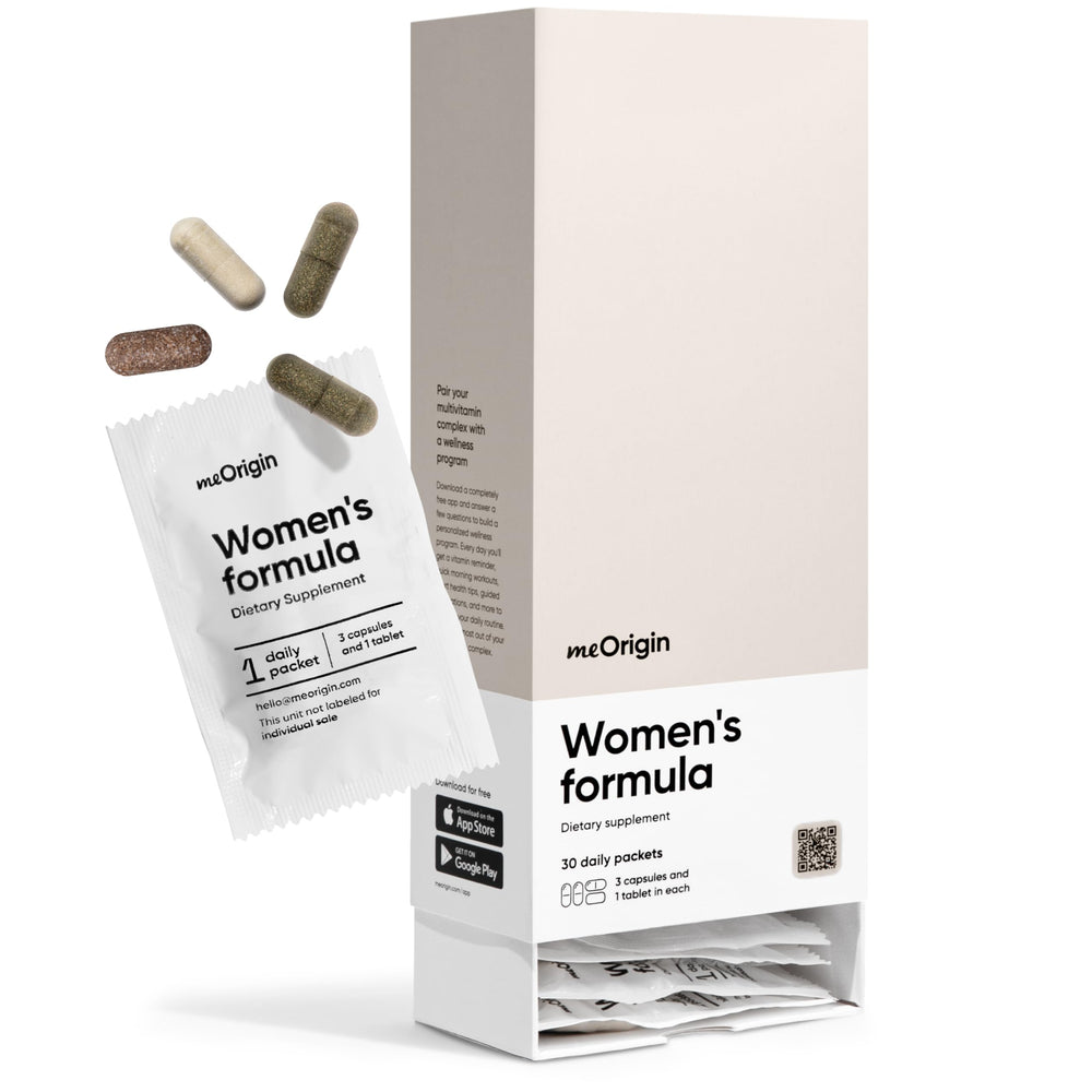 meOrigin Multivitamin for Women bottle front highlights daily energy support and essential nutrients.
