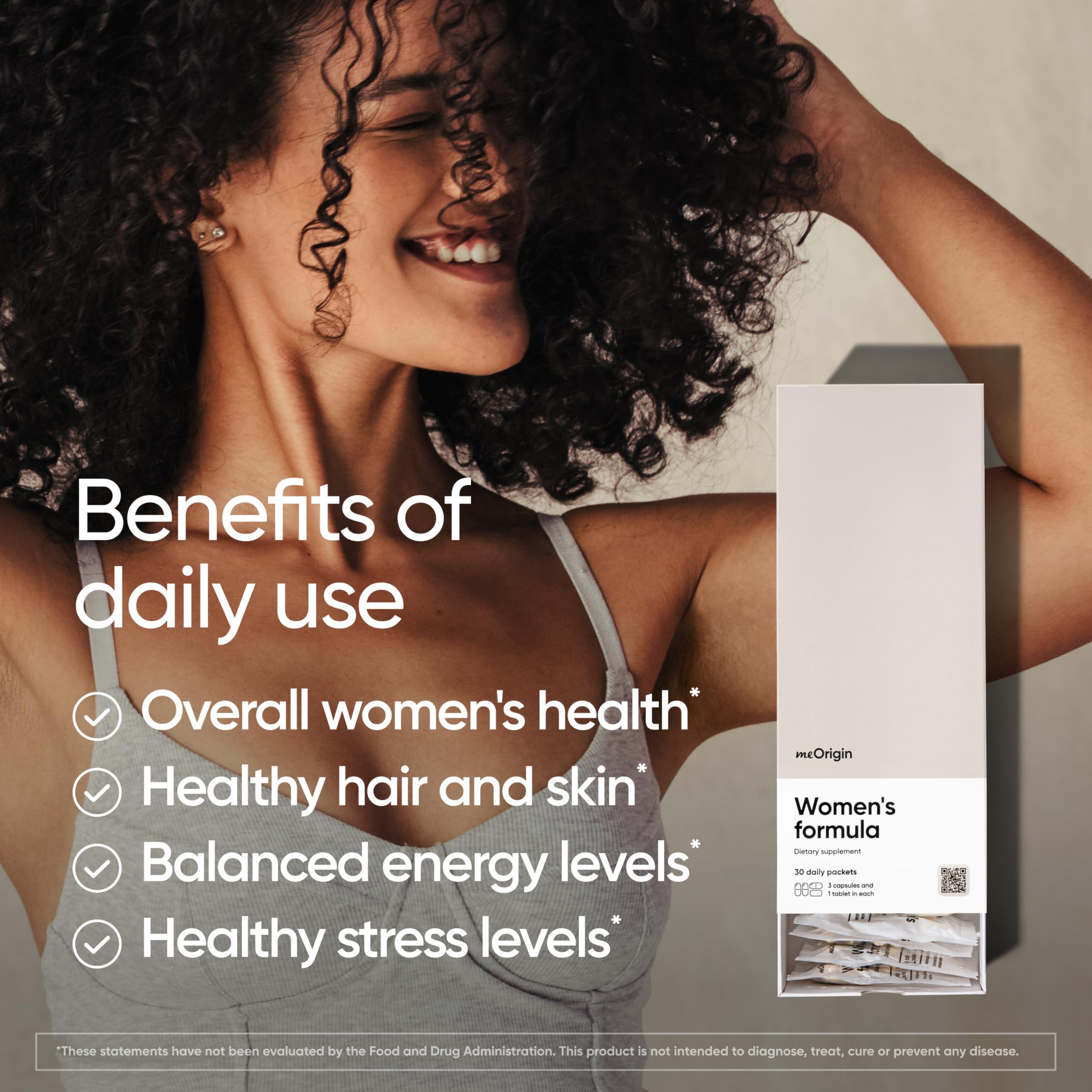 meOrigin Multivitamin bottle label closeup reveals 77 nutrients for hair, skin, and immune support.