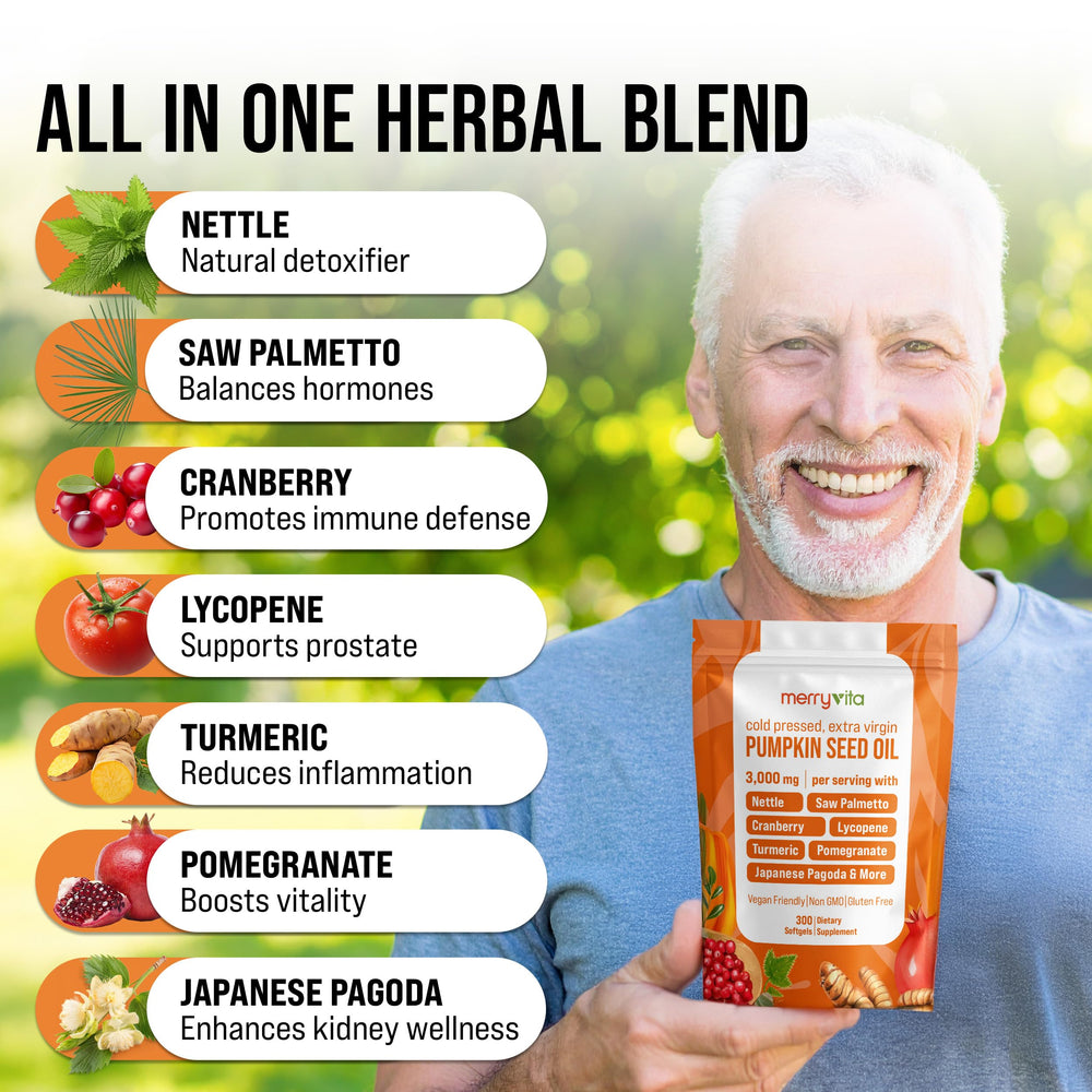 MERRY VITA prostate support label featuring Saw Palmetto and Turmeric.