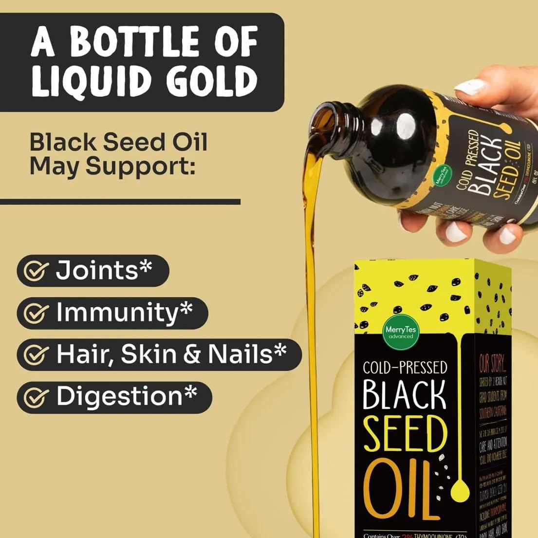 MerryTes Advanced Black Seed Oil on a kitchen counter for easy daily use.
