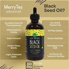 MerryTes Advanced Black Seed Oil beside lemon and honey suggesting flavoring options.