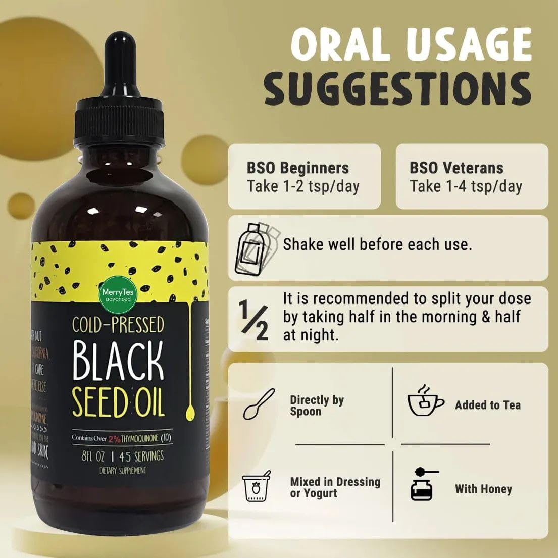 MerryTes Advanced Black Seed Oil label noting Turkish Nigella Sativa origin for quality.