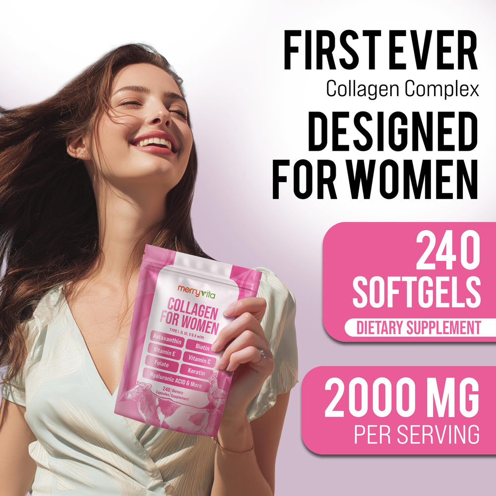 MERRY VITA collagen capsules close-up for skin and hair support.