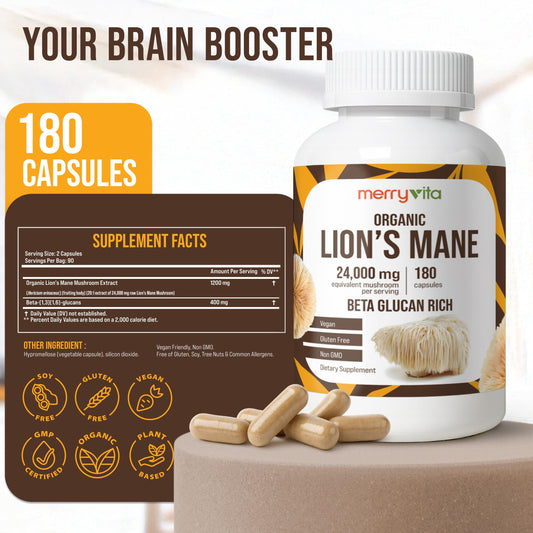Merry Vita Lion’s Mane capsules closeup highlighting 1200 mg extract per serving.