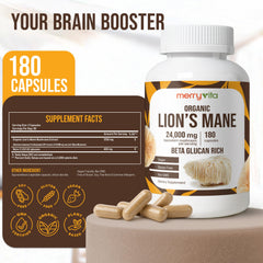 Merry Vita Lion’s Mane capsules closeup highlighting 1200 mg extract per serving.