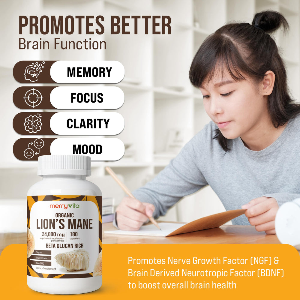 Merry Vita Lion’s Mane extract close-up emphasizes purity and beta-glucan richness.