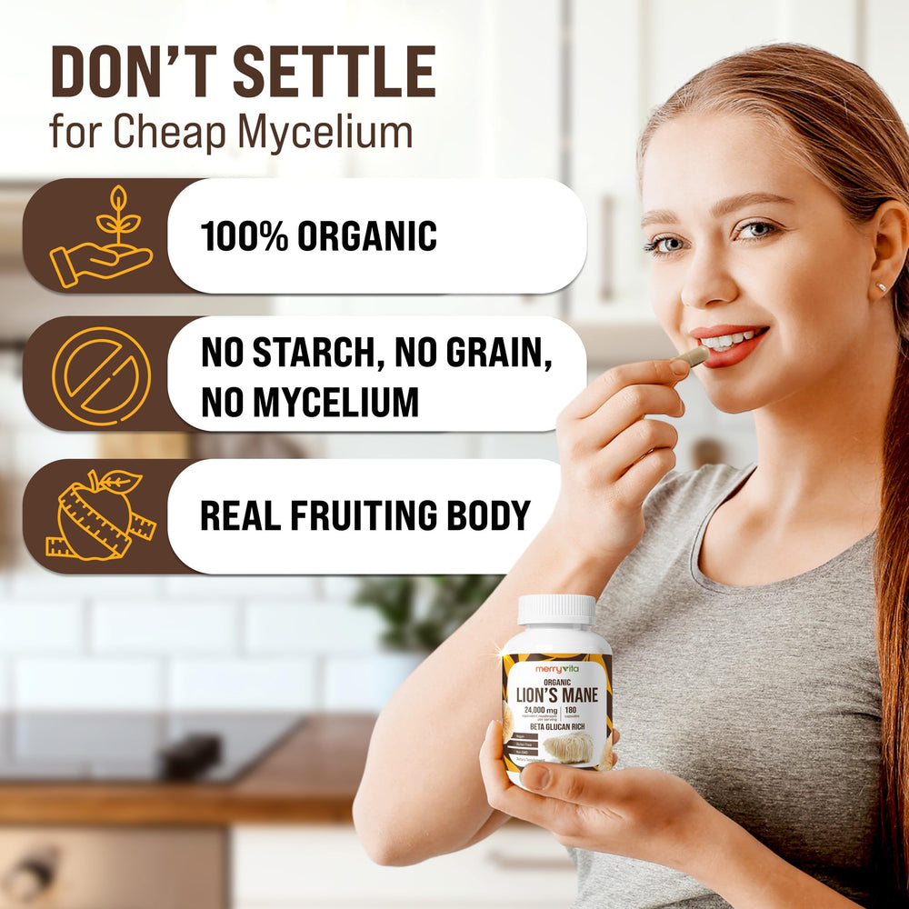 Merry Vita Lion’s Mane label front emphasizes organic fruiting bodies and vegan formula.