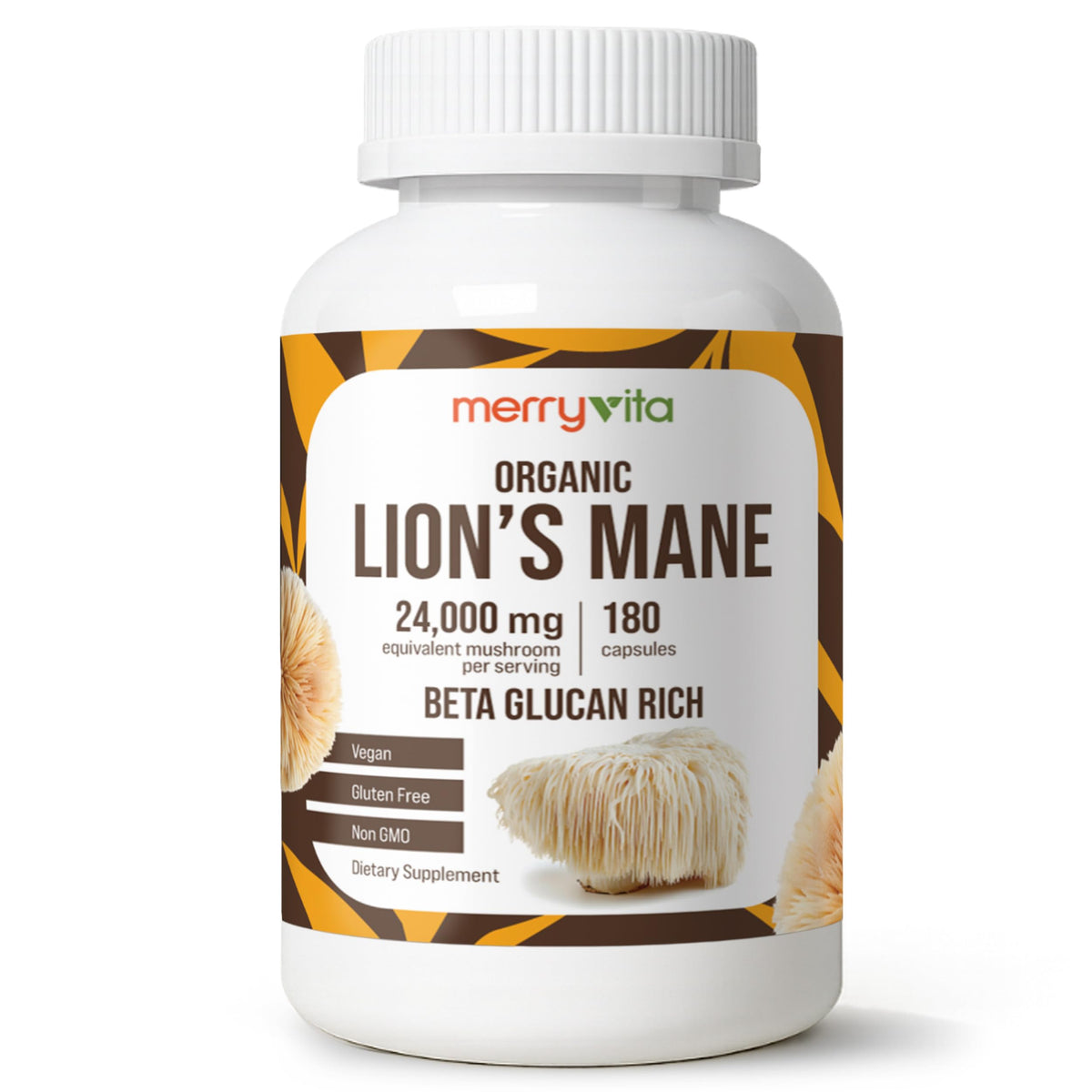 Merry Vita Lion’s Mane bottle promotes daily focus with pure fruiting body extract.