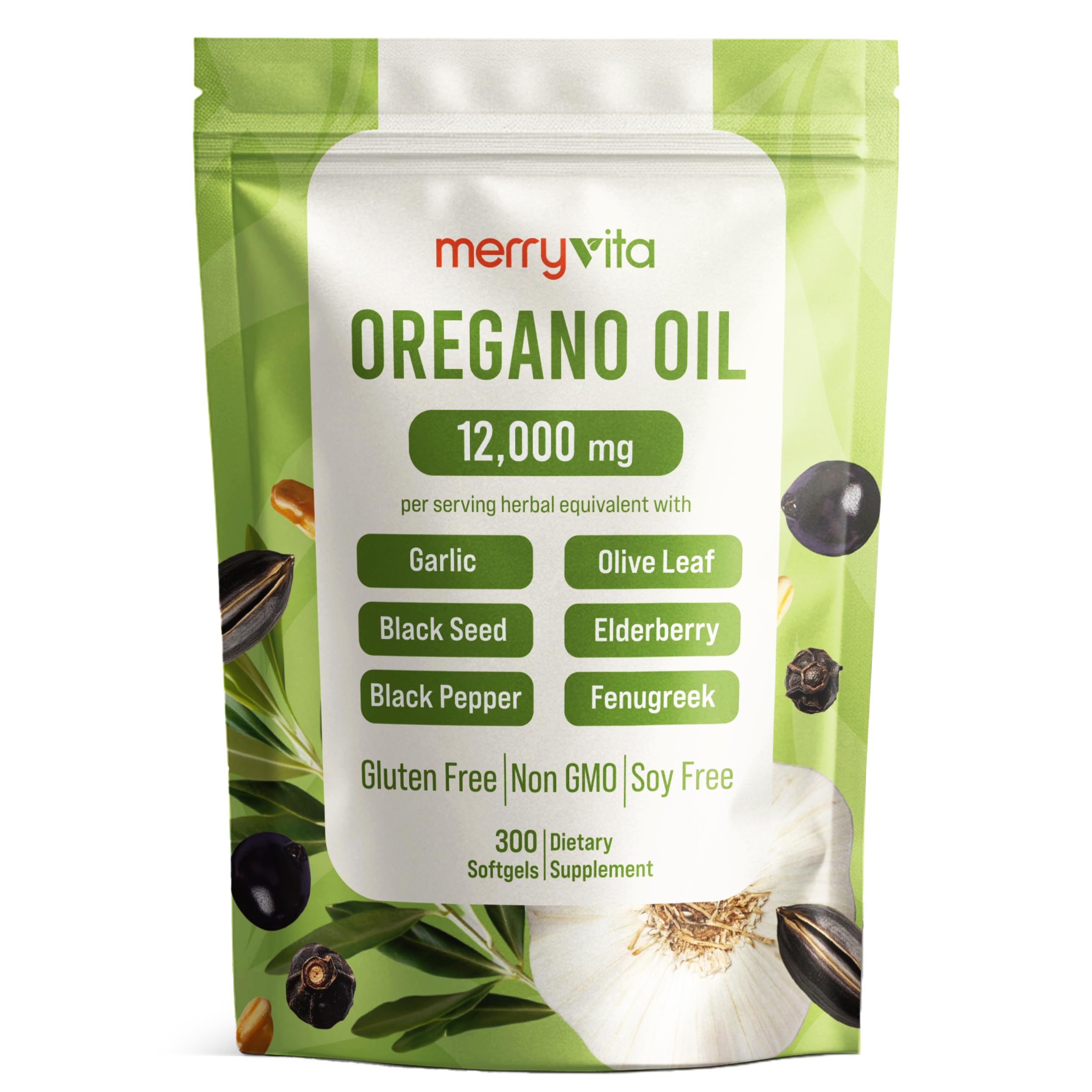 MERRY VITA oil of oregano bottle front showing oregano blend for daily immune balance.