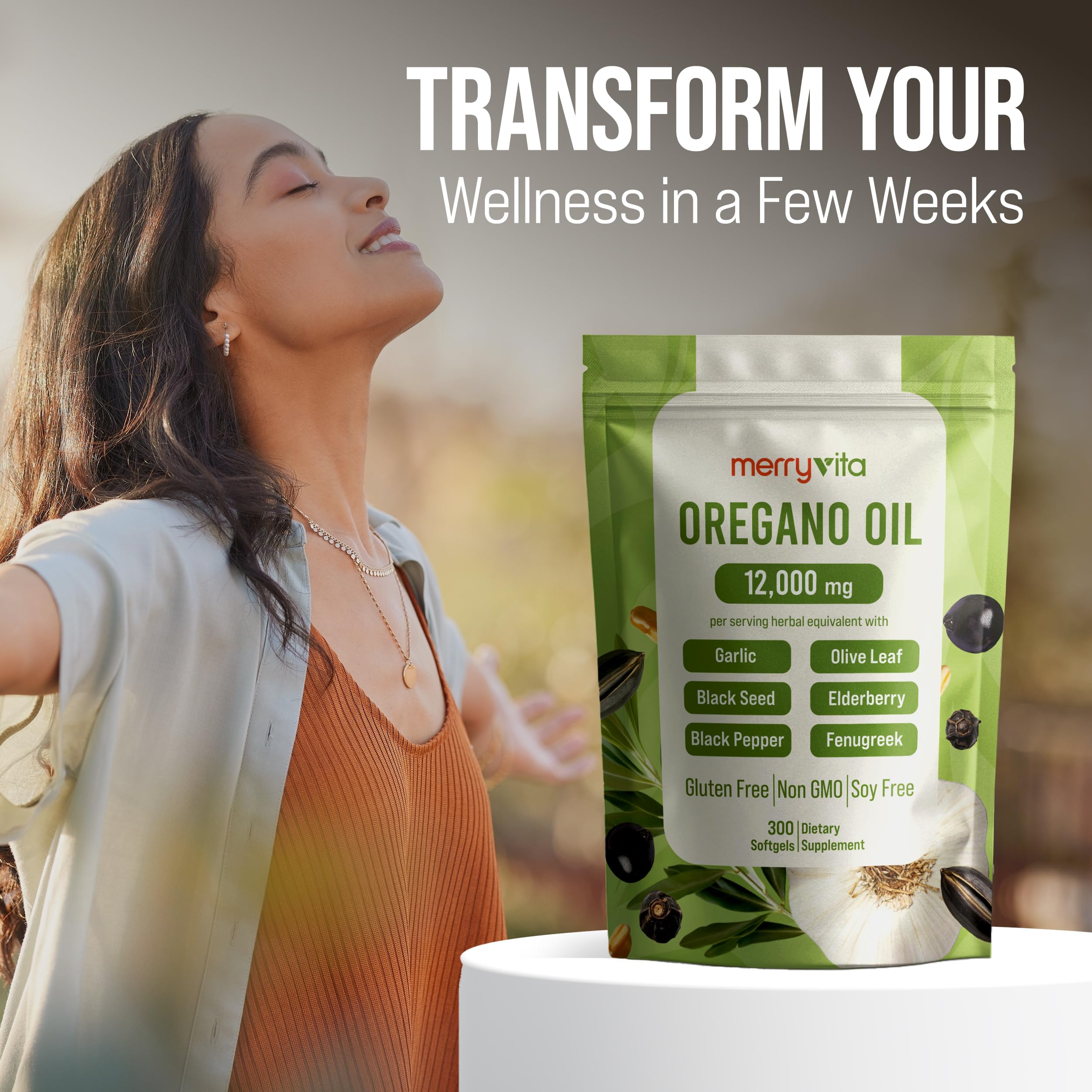 MERRY VITA organic non-GMO plant-based capsules close-up.