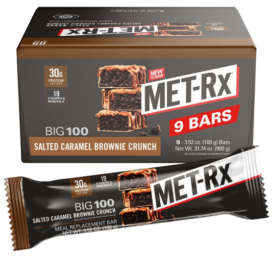 MET-Rx Big 100 Bar packaging display for on-the-go fueling.