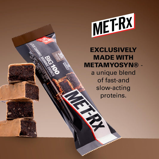MET-Rx Big 100 Bar salted caramel brownie crunch texture close-up.