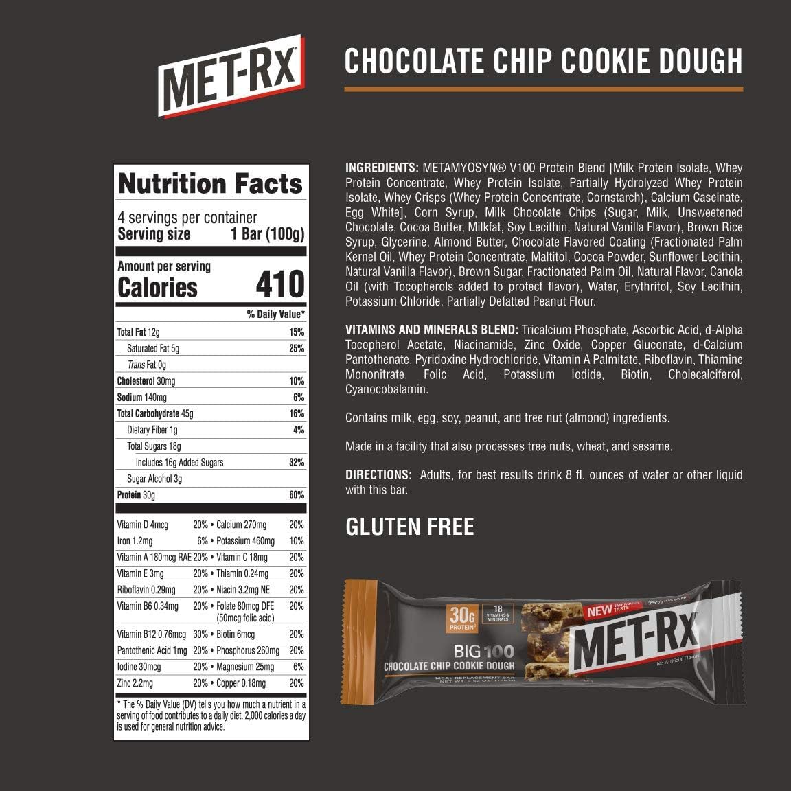 MET-Rx Big 100 Colossal bar close-up shows chewy texture with chocolate chips.