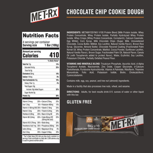MET-Rx Big 100 Colossal bar close-up shows chewy texture with chocolate chips.