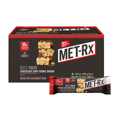 MET-Rx Big 100 Colossal bar pack in chocolate chip cookie dough flavor for on-the-go nutrition.