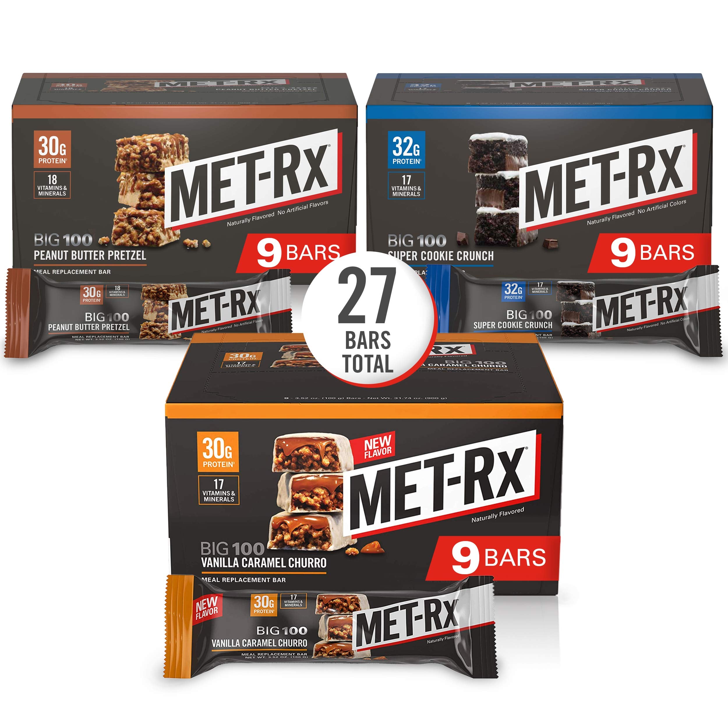MET-Rx Big 100 Colossal bar front packaging, convenient meal replacement option for active days.