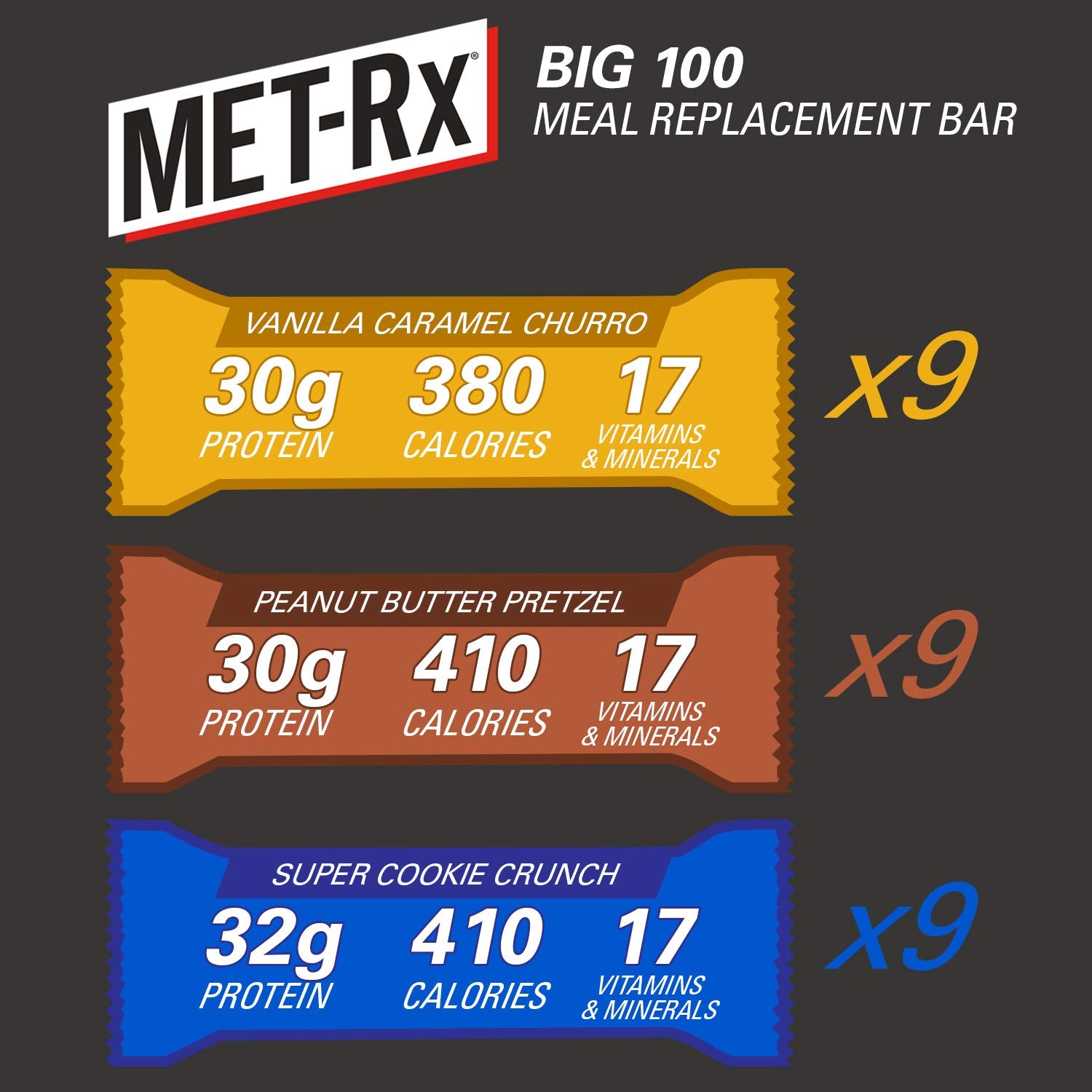 MET-Rx Big 100 Colossal bar nutrition panel shows vitamins and energy support.