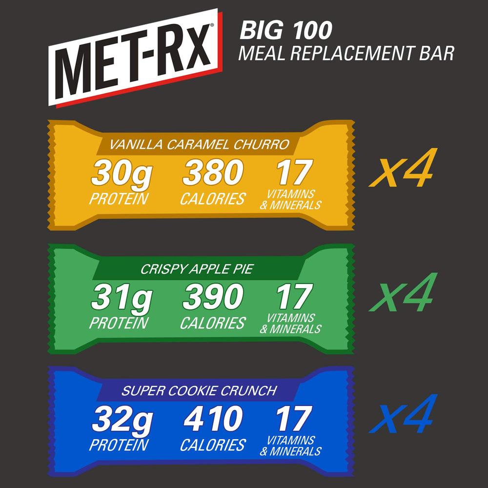 MET-Rx Big 100 Colossal Crispy Apple Pie bar, 32g protein for post-workout recovery.