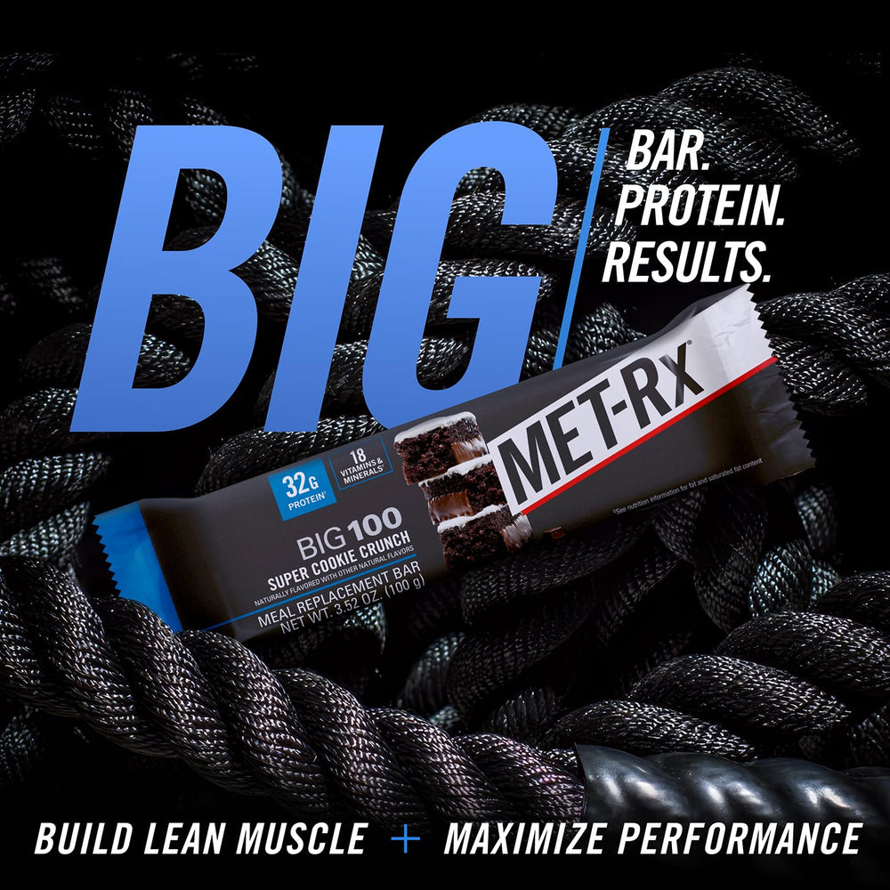 MET-Rx Big 100 Colossal bar serving on plate suggests quick fuel.