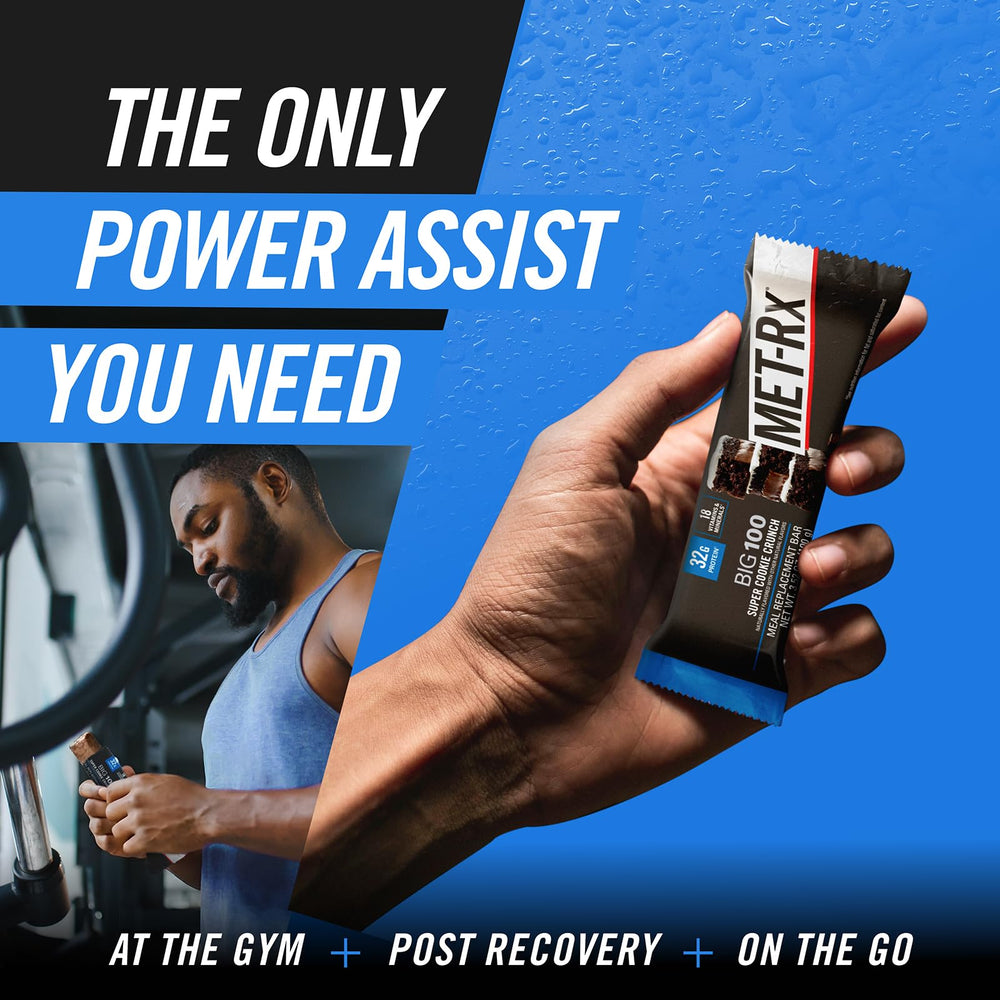 MET-Rx Big 100 Colossal bar texture close-up emphasizes cookie crunch flavor.