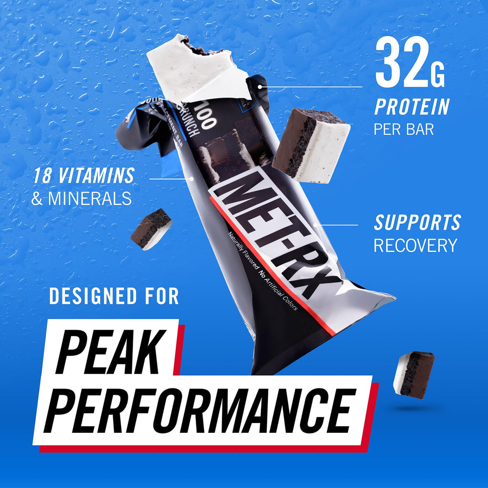 MET-Rx Big 100 Colossal nutrition facts panel shows 32g protein and minerals.