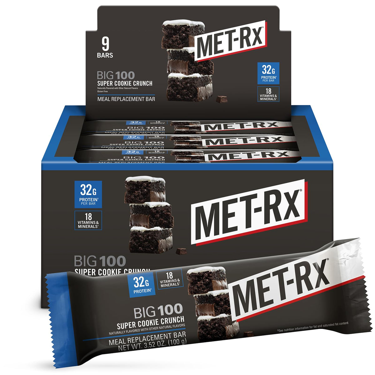 MET-Rx Big 100 Colossal Super Cookie Crunch bar packaging highlights on-the-go nutrition.