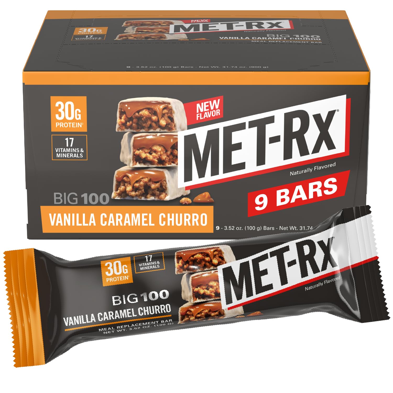 MET-Rx Big 100 Colossal vanilla caramel churro bar front display supports on-the-go fueling.