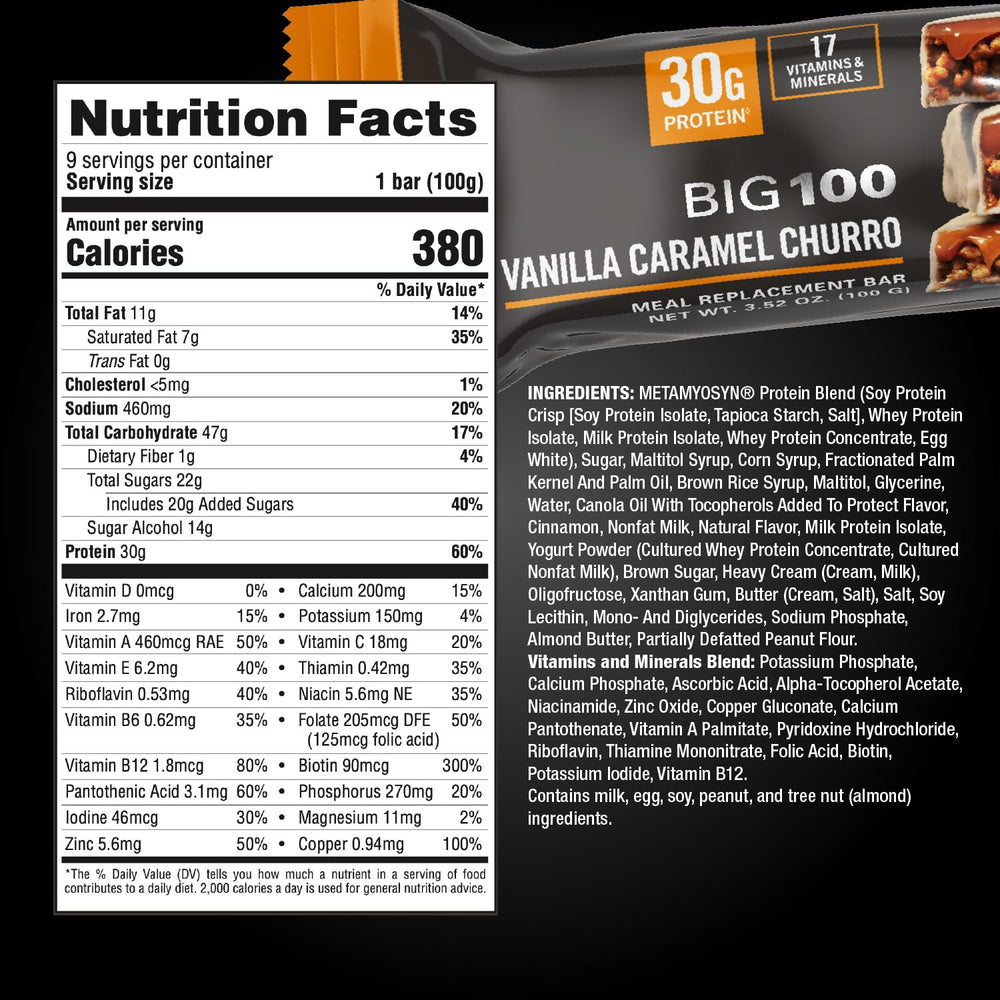 MET-Rx Big 100 Colossal vanilla caramel churro bar in action, ready for training.