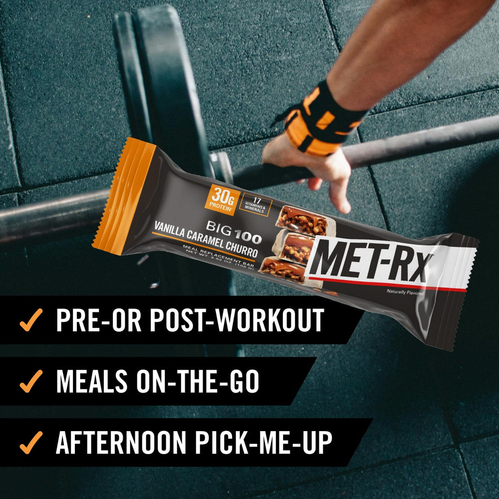 MET-Rx Big 100 Colossal vanilla caramel churro bar texture close-up reveals protein-rich bite.
