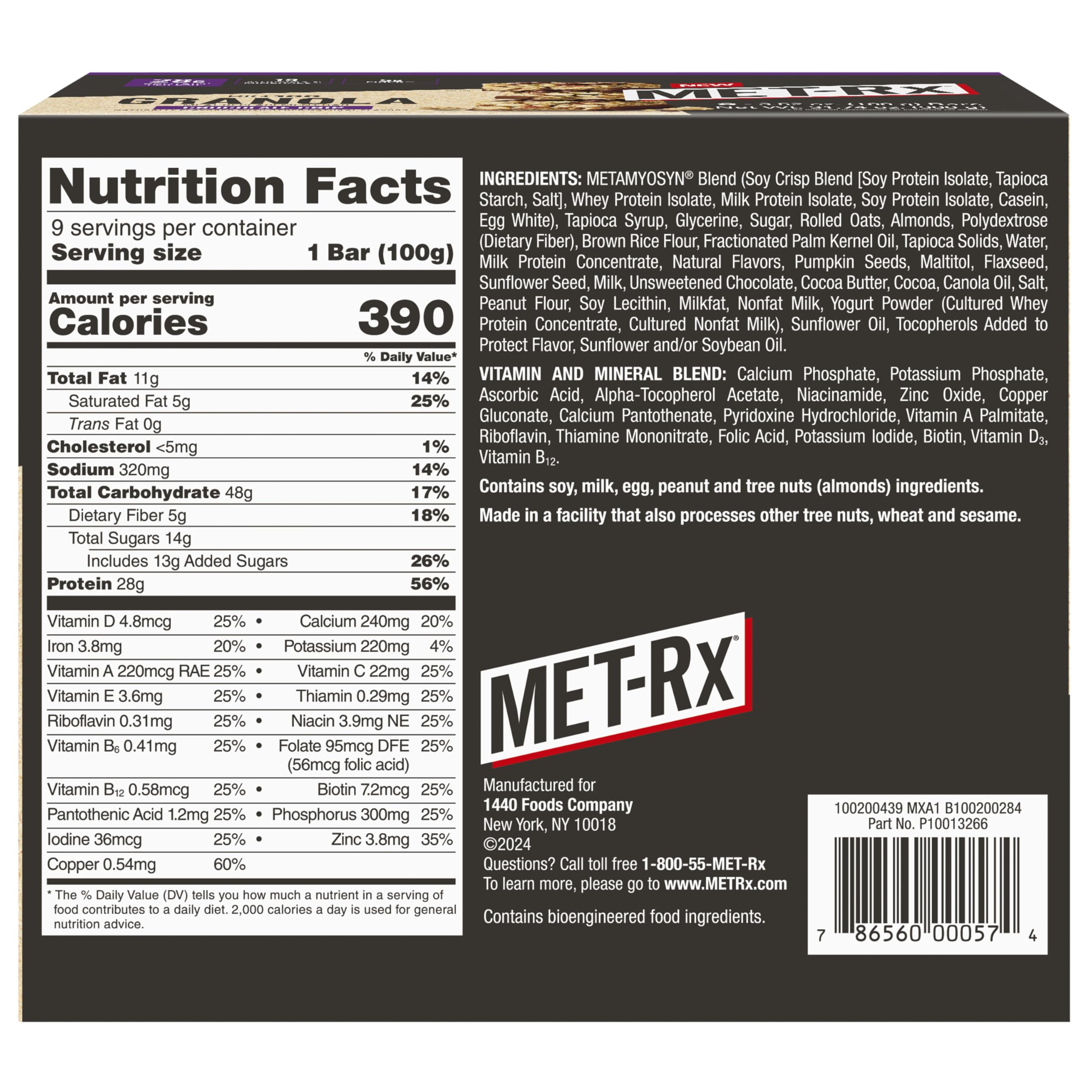MET-Rx Big 100 Granola Bar chocolate chip front-pack display in a multi-bar pack.