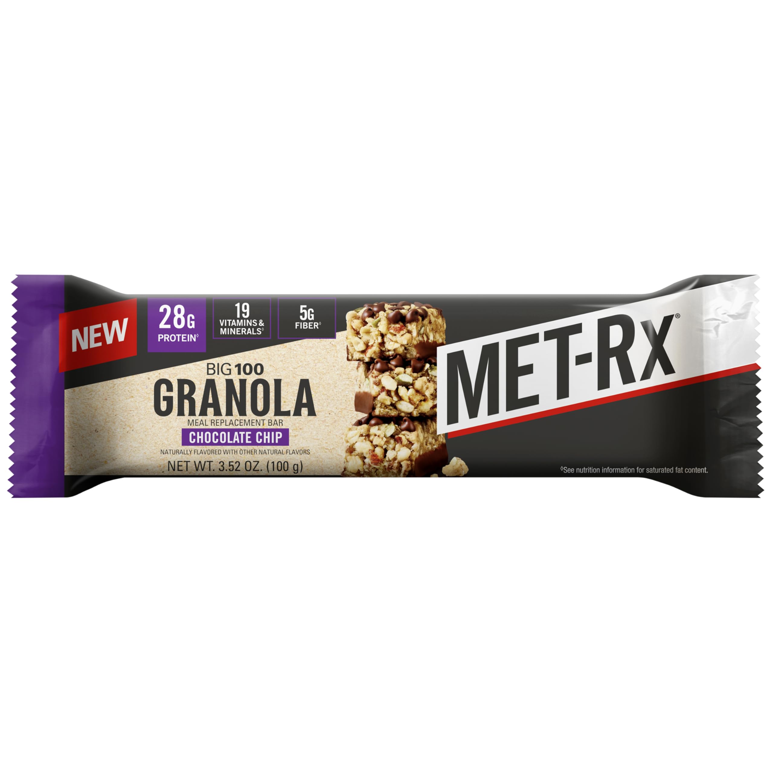MET-Rx Big 100 Granola Bar chocolate chip unwrapped, ready for on-the-go nutrition.