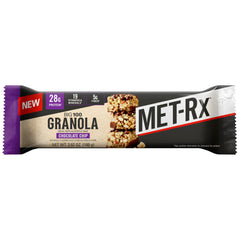 MET-Rx Big 100 Granola Bar chocolate chip unwrapped, ready for on-the-go nutrition.